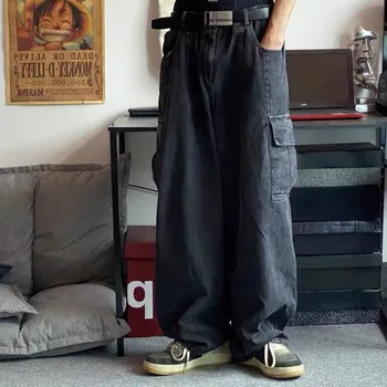 Весенне-осенние мужские мешковатые джинсы, мужские повседневные джинсовые брюки, уличная одежда, черные широкие джинсовые свободные брюки в корейском стиле хип-хоп