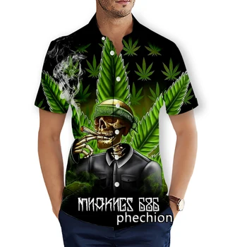Летние мужские пляжные рубашки phechion с коротким рукавом, повседневные рубашки с 3D принтом листьев каннабиса, модная уличная одежда, мужские топы X53