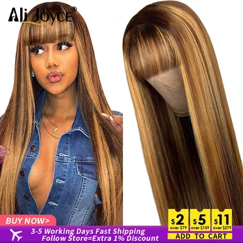Парик с челкой цвета медовой блондинки, Бразильские прямые парики без клея, человеческие волосы, прямые парики из человеческих волос для женщин, плотность 180