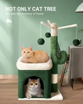 Кактусовое кошачье дерево Для домашних кошек, маленькая Кошачья башня С когтеточкой из сизаля, кондоминиум для котенка со свисающим мячом и уютной кроватью