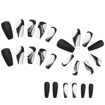 Черно-белые квадратные накладные ногти, защищенные от сколов, пятен, накладные ногти для любителей маникюра, Повседневные домашние поделки