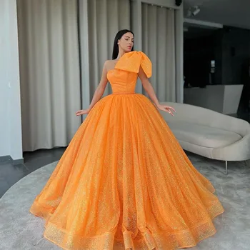 Платья для выпускного вечера из блестящего оранжевого тюля трапециевидной формы, Длинное вечернее платье на одно плечо, платье для свадебной вечеринки, женская юбка для танцев 2022 г.