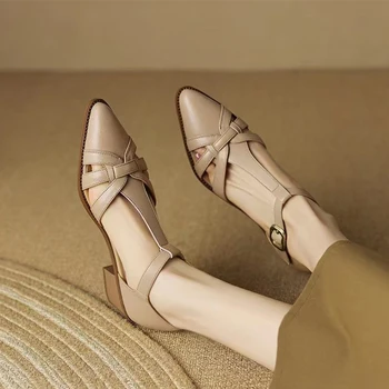 Зрелые Босоножки с острым носком, женская Модная обувь на среднем каблуке 2023, Новые летние туфли-лодочки, Слайды, дизайнерское офисное платье для вечеринок, женские туфли