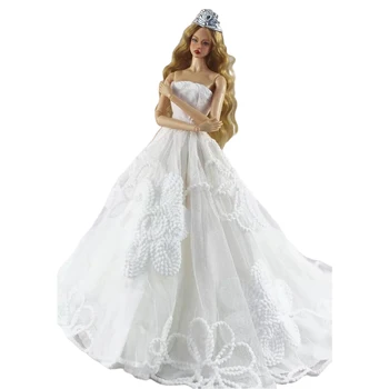 NK 1 Комплект 1/6 Принцесса Благородное Белое Свадебное Платье С Шлейфом Модное Платье Роскошная Одежда Для Куклы Барби Аксессуары Подарочная Игрушка