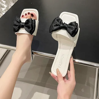 Горячая распродажа 2023 года, женская обувь, однотонные женские тапочки, летние милые туфли с галстуком-бабочкой, Женские тапочки с квадратным носком