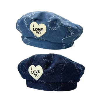 Джинсовая кепка для девочек, милая шапка с украшением в виде сердечка, детская осенне-зимняя шапка H37A