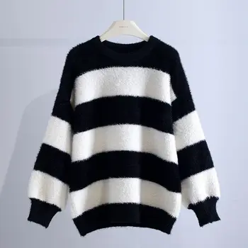 Женский свитер в черно-белую полоску из искусственного меха норки, Зимний Корейский пуловер свободной ленивой вязки 2023, женские топы
