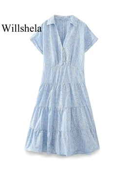 Willshela Женская модная вышивка Синего цвета, открытое однобортное платье миди, Винтажные женские шикарные платья с V-образным вырезом и короткими рукавами