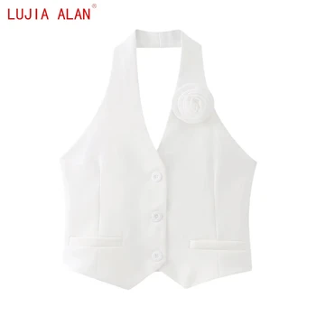 Новое женское цветочное украшение, белый жилет, блузка на бретелях, женская короткая рубашка, повседневные свободные топы, LUJIA ALAN B2953