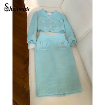 Корейская модная уличная одежда 2023 Весна-осень, элегантная Зеленая шерстяная куртка с V-образным вырезом и юбки миди, комплекты женской одежды из 2 предметов