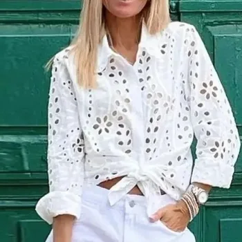 Модная женская рубашка с вышивкой, повседневная пляжная блузка в стиле бохо с длинным рукавом, женские элегантные однобортные свободные топы, блузы