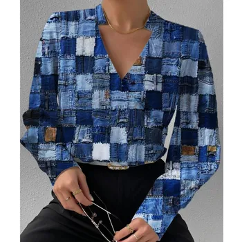 Элегантная женская модная лоскутная рубашка с V-образным вырезом и длинными рукавами, удобная офисная рубашка с принтом и росписью для женщин