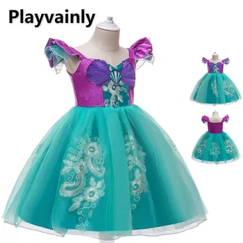 Детское платье принцессы-Русалки с квадратным воротником и расклешенными рукавами, сетчатые вечерние платья в стиле пэчворк, одежда для выступлений для девочек E032