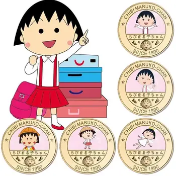Анимация вишневой Маруко-тян, окружающая коллекцию памятных монет для отправки друзьям и братьям сувенирных подарков