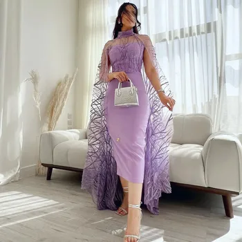 Платья для выпускного вечера Meetlove с высоким воротником, тюль Русалки чайной длины, Перспективный Фиолетовый принт на молнии в виде сердечка 2023 г.