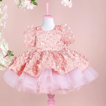 Розовые платья принцессы для девочек в цветочек, бальное платье, короткие платья для детей на День рождения, многоуровневые платья для гостей на свадьбу для малышей
