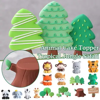 Лесной мультяшный торт с животными, мягкая глина, милые животные, украшение для торта, сафари в тропических джунглях, декор для вечеринки по случаю дня рождения ребенка, новинка 2023 года