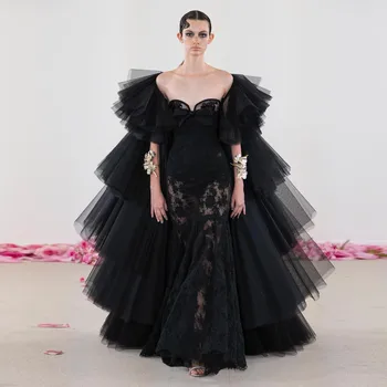 Уникальные черные кружевные платья-русалки длиной Макси с оборками, тюлевая накидка, сексуальные прозрачные длинные вечерние платья для вечеринок