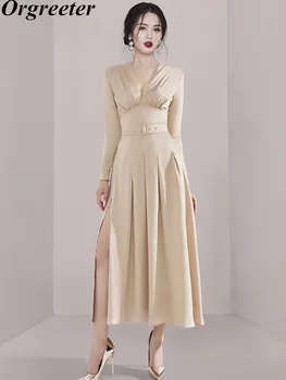 Женское платье с V-образным вырезом, длинный рукав, трапециевидный пояс, тонкое платье средней длины, осеннее шикарное платье с разрезом, элегантная женская одежда для дня рождения