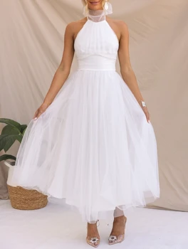 Элегантное сетчатое свадебное платье Макси, женское однотонное платье на бретелях с высокой талией, без рукавов, коктейльное платье для подружек невесты, длинные платья