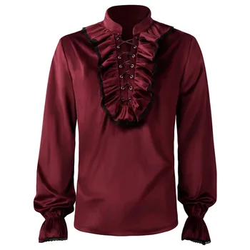 Мужская черно-красная бархатная рубашка с оборками, средневековый пират, косплей вампира, Викторианские Ретро-рубашки, стимпанк, готический топ для вечеринки на Хэллоуин