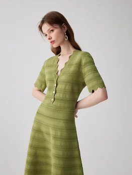 Французское элегантное вязаное платье с V-образным вырезом и зелеными волнами, женская весенне-летняя юбка, сужающаяся к талии.