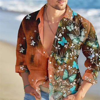 Новая мужская рубашка с длинными рукавами 2023, модная бабочка, красочный цветочный узор, HD графика, для отдыха на открытом воздухе, уличная мужская 6XL