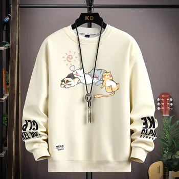 Осенняя Мужская толстовка Japan Cartoon Cat С принтом Цвета Хаки, Топ Harajuku High Street, Футболка с длинным рукавом, Повседневная Мужская одежда 2023
