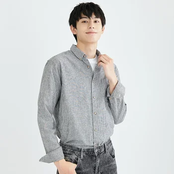 Весенне-летняя мужская рубашка в полоску, японская повседневная рубашка в полоску с длинными рукавами и квадратным вырезом, Модная рубашка, Мужская верхняя одежда