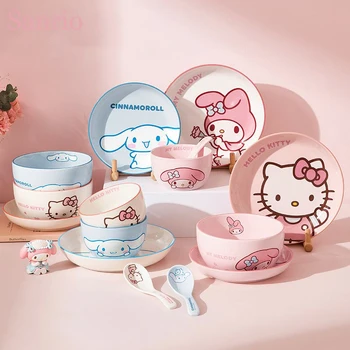 Sanrio Hello Kitty Большая Керамическая Чаша и Набор Тарелок Cinnamoroll Мультяшная Милая Рисовая Миска My Melody Креативное Блюдо Праздничный Подарок