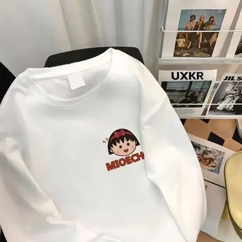 Детская базовая рубашка с рисунком Чиби Маруко-тян, свободная футболка с длинными рукавами и принтом, подходящая ко всему
