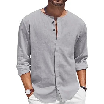 Мужская повседневная блузка, пляжная хлопчатобумажная льняная рубашка с длинным рукавом, свободные топы, блузка, лето-осень, повседневная мужская одежда