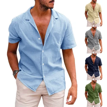 Летняя новая мужская рубашка с лацканами, однотонная рубашка с короткими рукавами, мужская рубашка из хлопка и льна Европейского размера