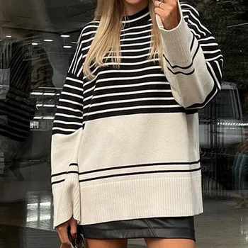 Зимний женский свитер в полоску большого размера, Модный Свободный повседневный свитер с круглым вырезом 2023, осенний пуловер, свитер, женский джемпер, уличная одежда