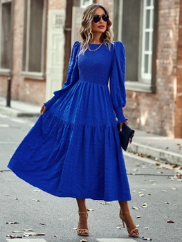 2023 Весеннее повседневное платье с круглым вырезом и рукавом-фонариком, Женское Свободное Элегантное однотонное платье трапециевидной формы, женское простое синее платье Klein с высокой талией