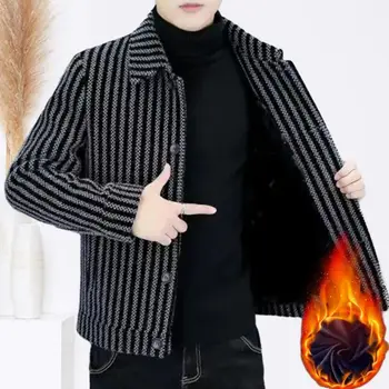 Модное мужское пальто, полосатый однобортный мужской кардиган, толстая теплая куртка средней длины в деловом стиле для повседневной носки, большие размеры