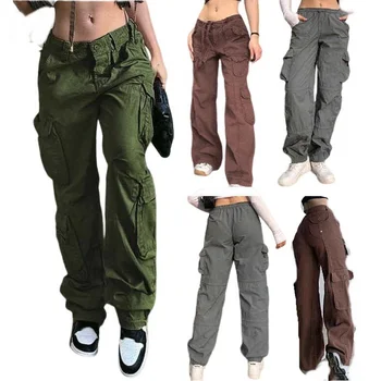 Женская уличная рабочая одежда с низкой талией, Повседневные брюки с множеством карманов, Свободный пояс с завязками, Широкие брюки, несколько стилей