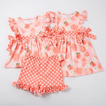 Летнее платье для маленьких девочек с двойным бантом на талии, бутик детской одежды, коралловые, лимонно-молочные, шелковые, в клетку, розовые платья, комплект шорт