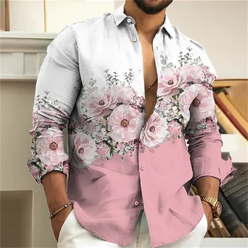 Роскошная мужская рубашка, цветочная 3D печать, розово-голубая, фиолетово-серая уличная одежда с длинными рукавами, модельер, повседневная
