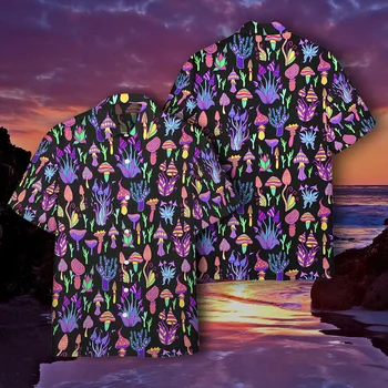 Модная мужская гавайская рубашка с 3D принтом Trippy Shrooms Hippie, летние повседневные пляжные рубашки Унисекс с коротким рукавом CSH16