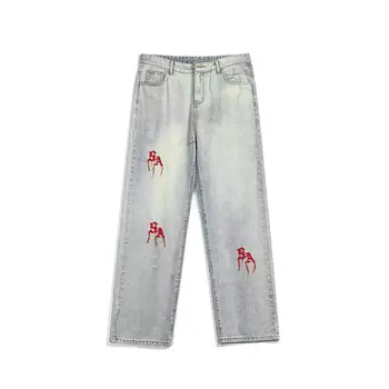 Джинсы с вышивкой ICCLEK, мужские джинсы с прямыми штанинами, свободные джинсы в стиле хип-хоп, модные брюки