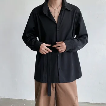 Мужская рубашка с длинным рукавом SYUHGFA, нишевый дизайн на талии, Корейский стиль, Свободные повседневные топы, однотонные повседневные топы-кардиганы